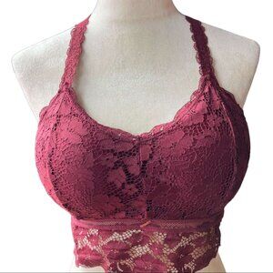 Floral Lace Longline Bralette - Burgundy